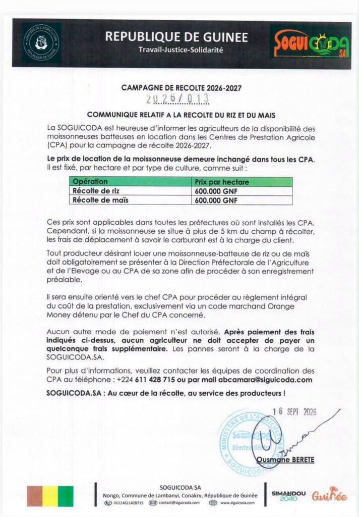 tarif récolte du riz et maïs