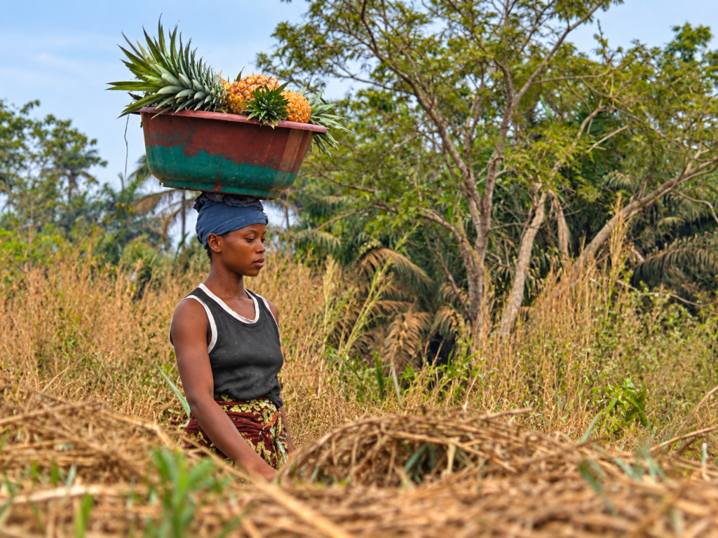 femme africaine portant un panier d’ananas